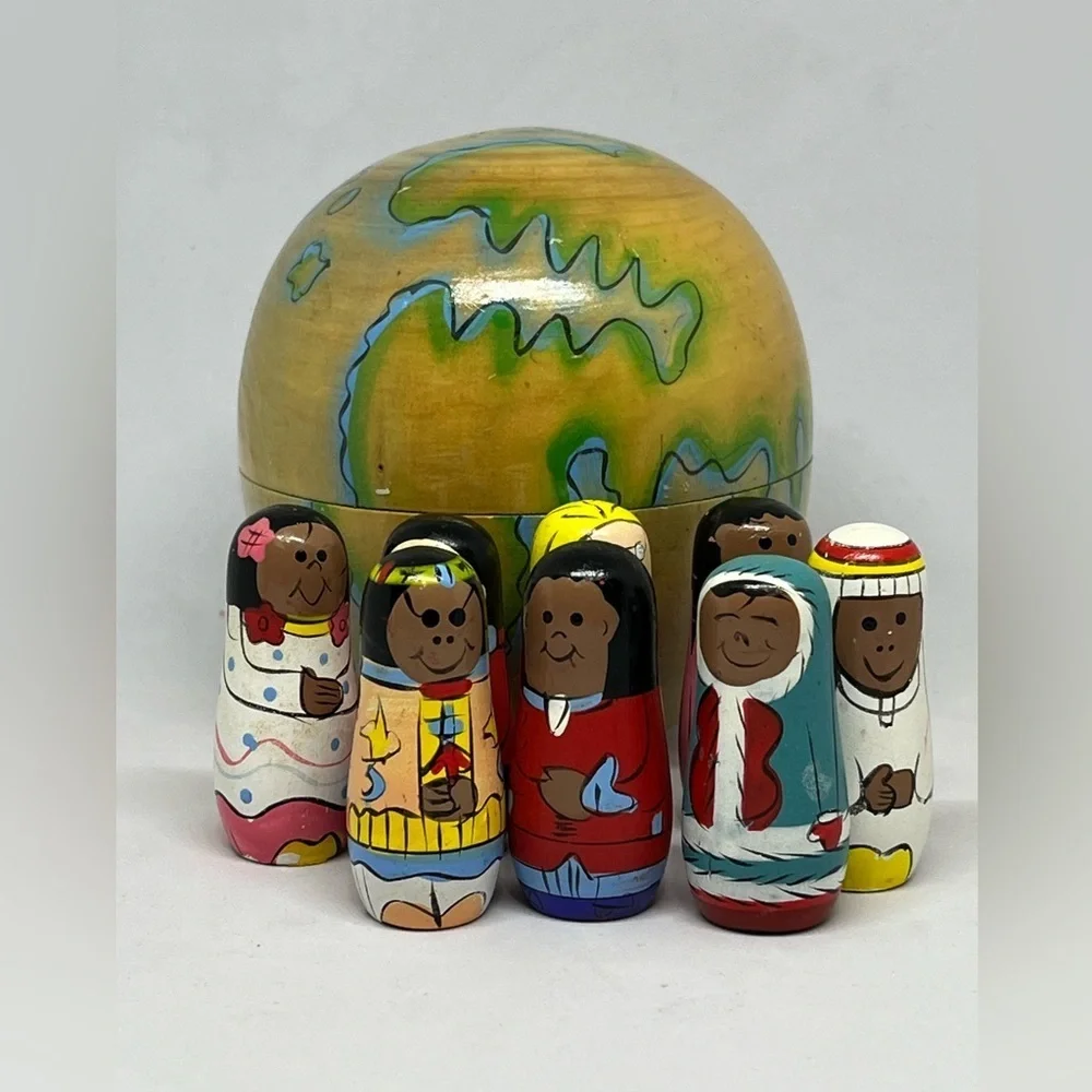 Hand-Painted Wooden Nesting Dolls with Globe Case: